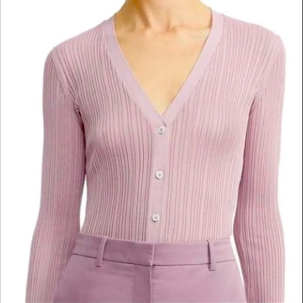 Theory Pointelle Cardigan in Dark Lilac - Picture 2 of 7